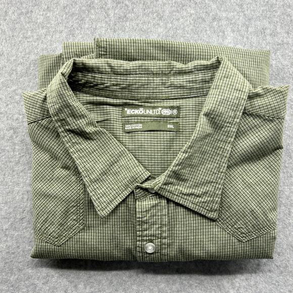 ECKO Unltd Button Up Shirt Men 3XL Green Micro Plaid L/S Epaulets Casual Streetw - Picture 16 of 16